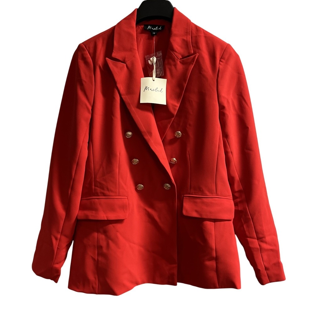 Marled Blazer Womens M Red‎ Crepe Double Breasted Jacket Gold Buttons Holiday